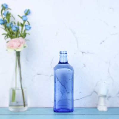 Acid Etch Custom Design Square 750ml Blue Color Glass Bottles for Vodka Whisky Unique