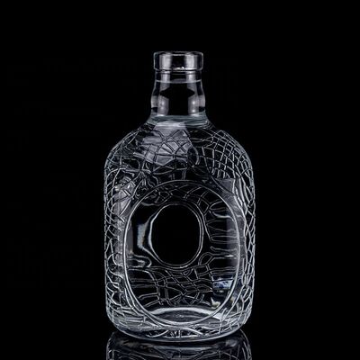 Glass Round Carved 700ml 750ml Vodka Glass Bottle Wine Bottle With Cork Sealing Type