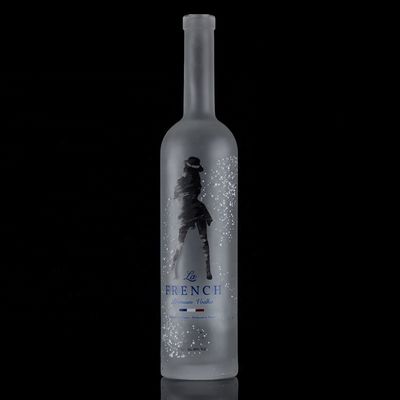 Classic Shape 700ml 750ml Frosted Applique Vodka Glass Bottle for Beverage Packaging