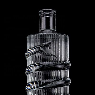 Customized Logo Clear 750ml Bar Top Emossed Snake Drawing Glass Bottle for Vodka Cylinder