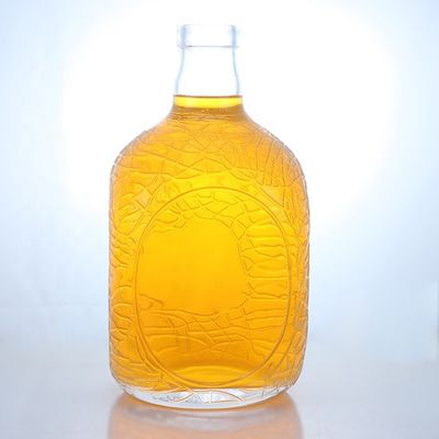 Unique Round Shape Embossed Food Grade Rum Vodka Whisky Tequila Gin Glass Bottle with Cork Perfect