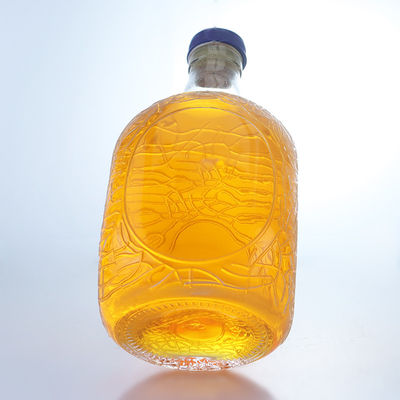 Unique Round Shape Embossed Food Grade Rum Vodka Whisky Tequila Gin Glass Bottle with Cork Perfect